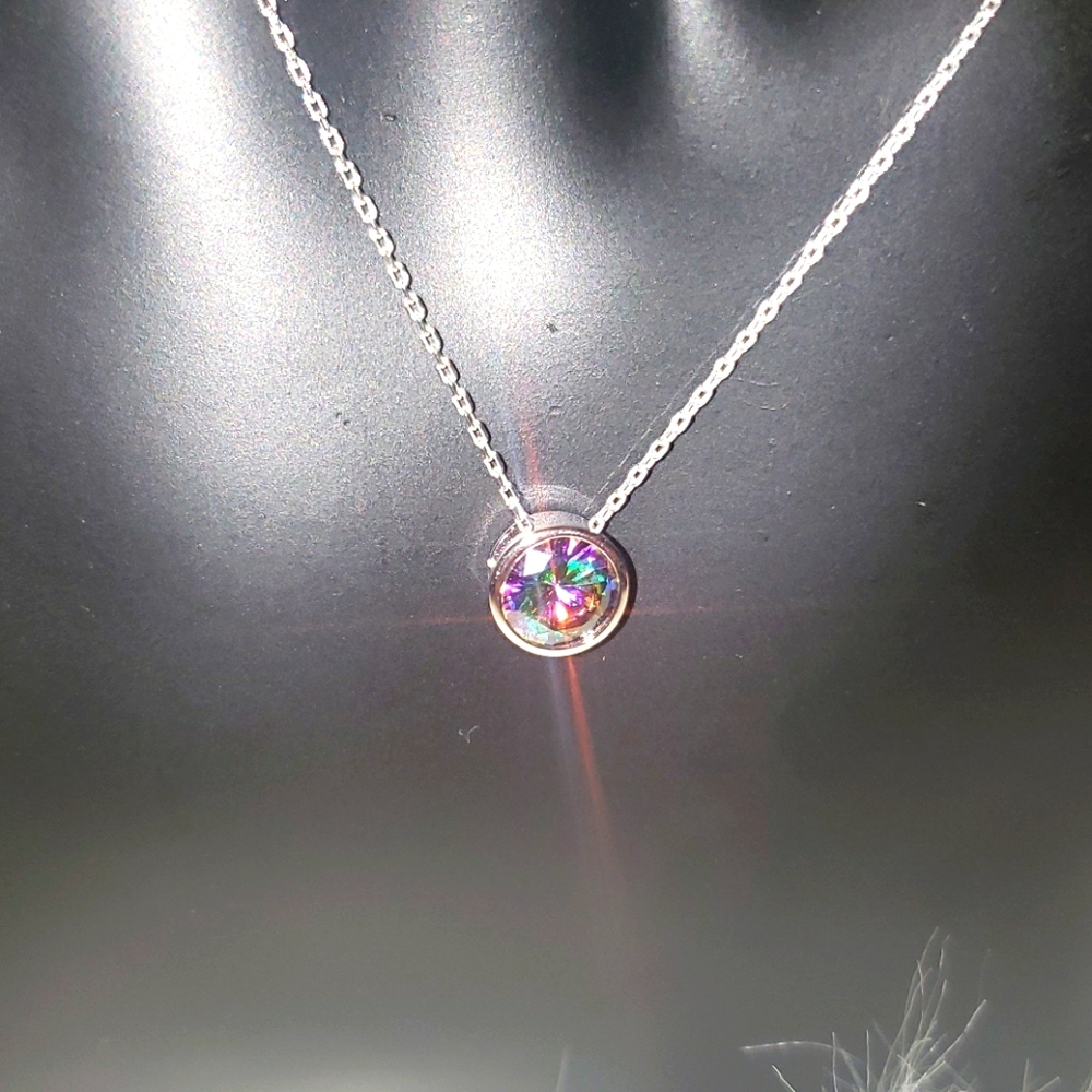 New Round Rainbow Topaz CZ Pendant Necklace - Picture 3 of 4